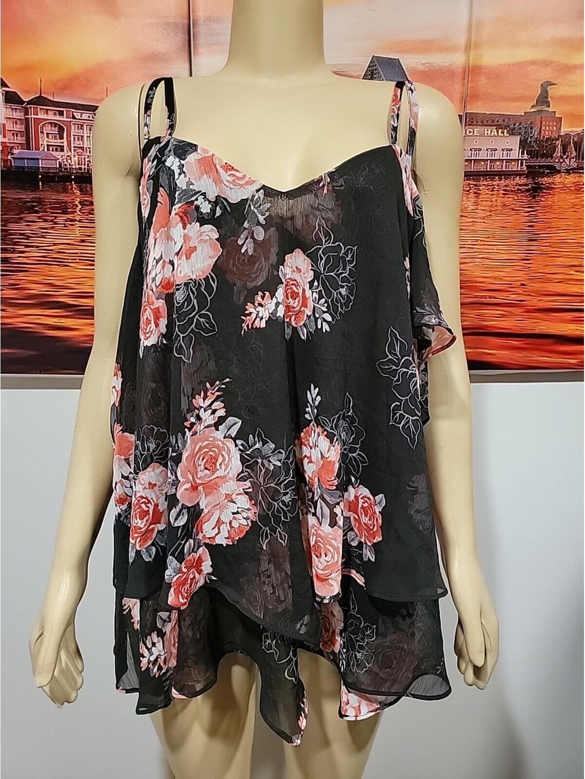 Romantic Torrid Red Pink Floral Cold Shoulder Sz 2x (2) Chiffon Lined Blouse #6